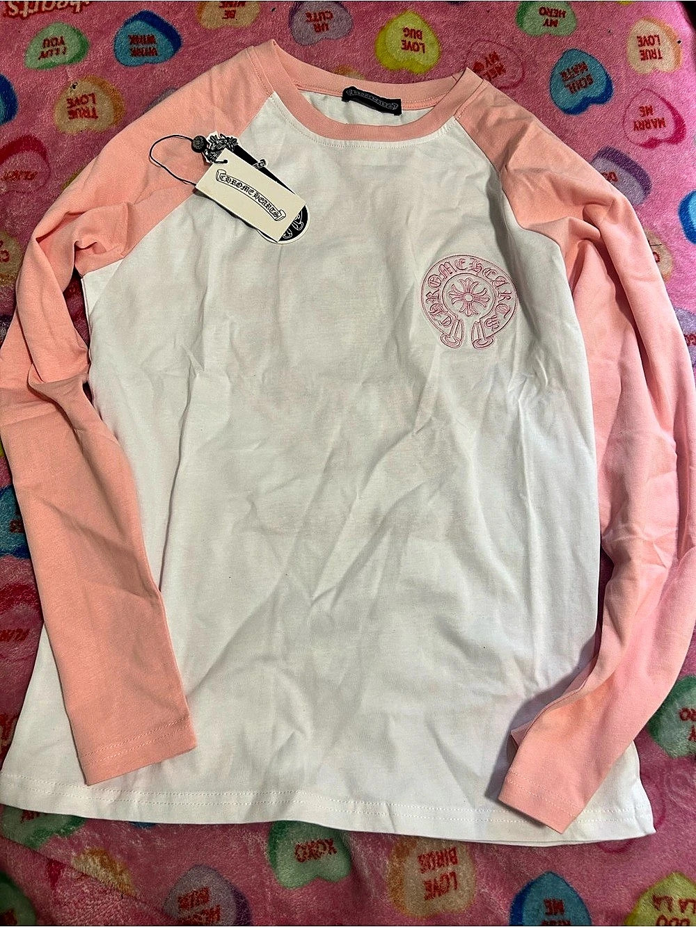 Chrome Hearts Long Sleeve Raglan Tee in Pink & White